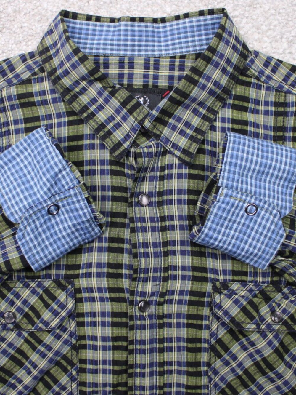 Bugatchi Shirt Mens XL Green/Blue Shaped Fit Peal Snap Flip Cuff Cotton L/S